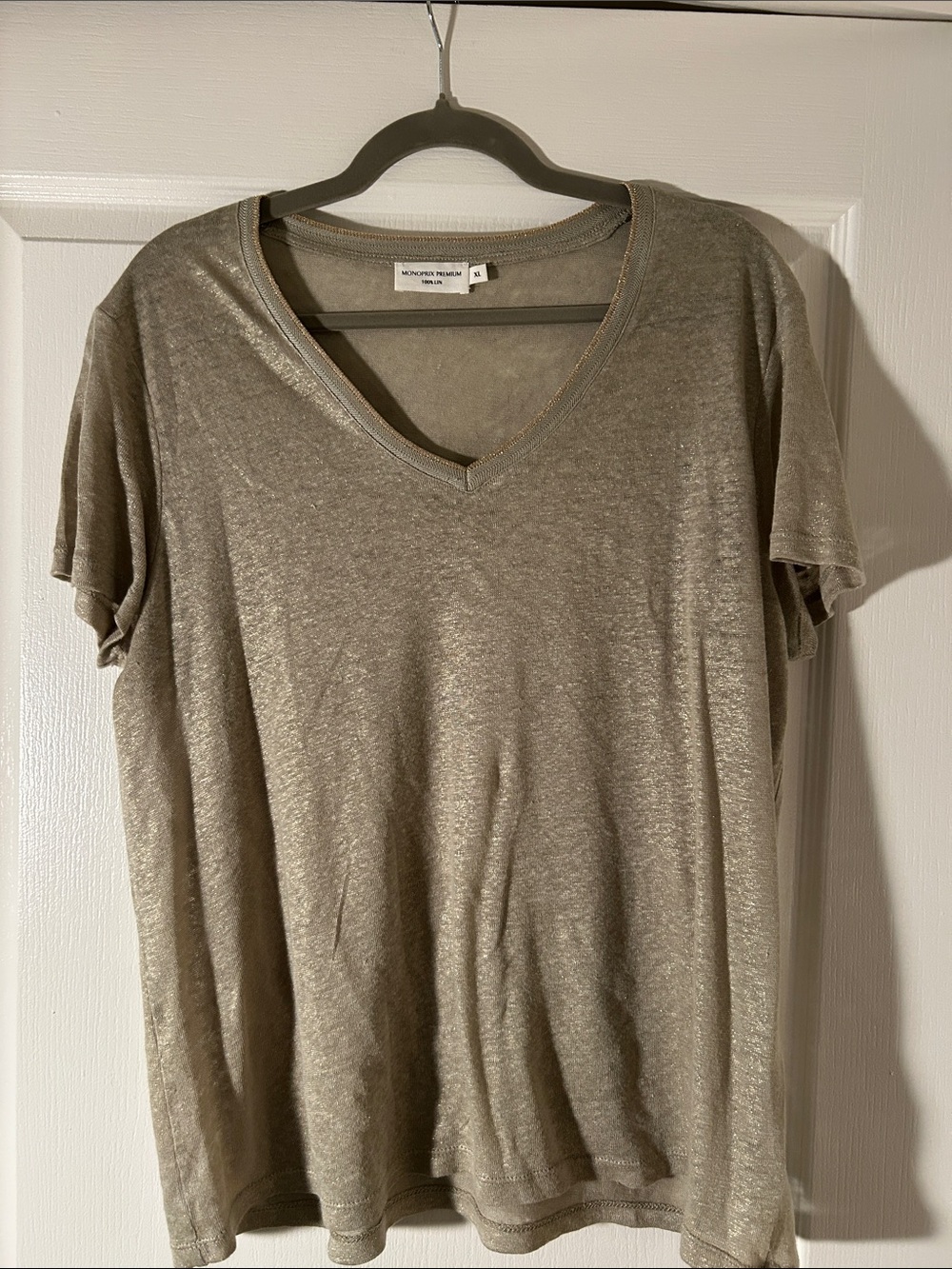Monoprix Metallic V-Neck Short Sleeve Tee — Greenish Taupe Shimmer 100% Linen